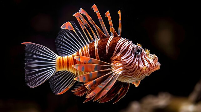 A vibrant lionfish swimming gracefully in an aquarium, showcasing its stunning fins and color patterns.