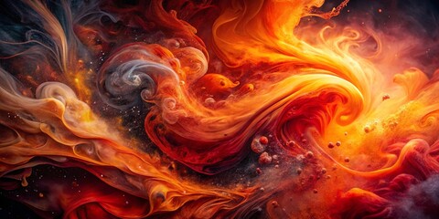 Abstract background with swirling liquid and fiery powder bursts in red and orange colors, with charcoal textures