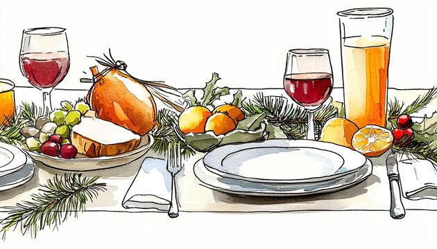 Holiday feast, Christmas dinner table, filled with food, family reunion, Watercolor style