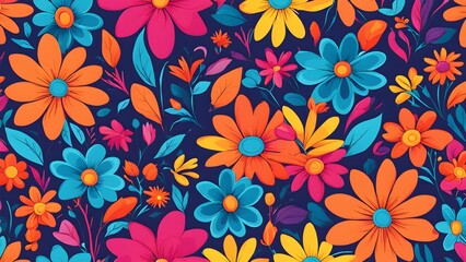 A seamless pattern of bright, colorful flowers and leaves on a dark blue background.