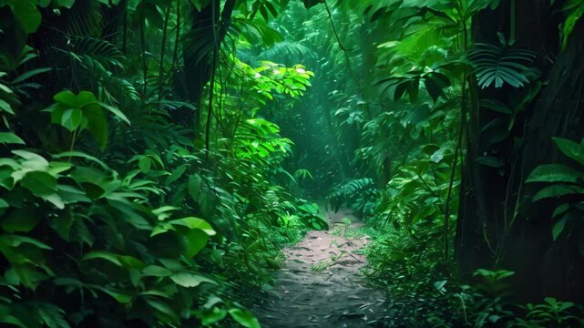 A dark and narrow path winds through a dense, overgrown jungle, A shadowy path leading into a dense, overgrown jungle