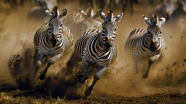 Zebras running in the African savannah. AI Generative