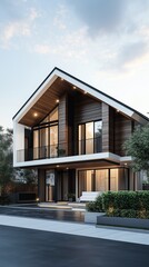 Fototapeta premium A modern, two-story home with a sleek and minimalist design. 