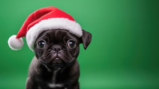 Black pug puppy wearing Santa Claus hat isolated on green background, copy space. Christmas banner