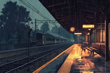 Naklejka premium A Cozy Train Station Scene In The Rain With Soft Light Reflecting On Wet Benches And Platforms. Cozy Vibe, Generative AI
