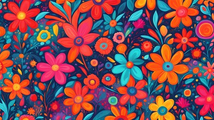 A seamless pattern with vibrant, colorful flowers and leaves on a dark blue background.