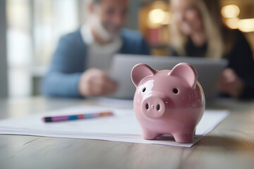 Obraz premium Close up focus on small piggybank on table with blurred middle aged old family couple doing financial paperwork, managing household budget or planning investment on background,
