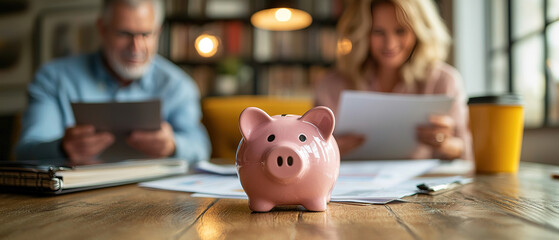 Obraz premium Close up focus on small piggybank on table with blurred middle aged old family couple doing financial paperwork, managing household budget or planning investment on background,