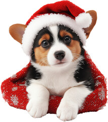Adorable Corgi Puppy in Santa Hat for Christmas Holiday on Transparent Background