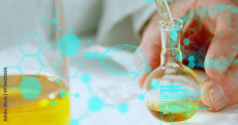 Poster animation of chemical formula and data processing over caucasian male scientist doing experiment