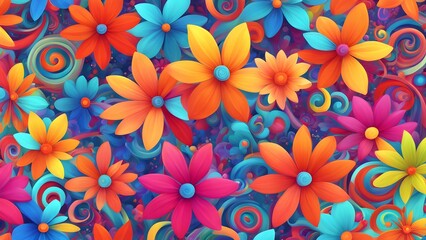 Colorful and vibrant floral pattern with swirling designs and a blue background.