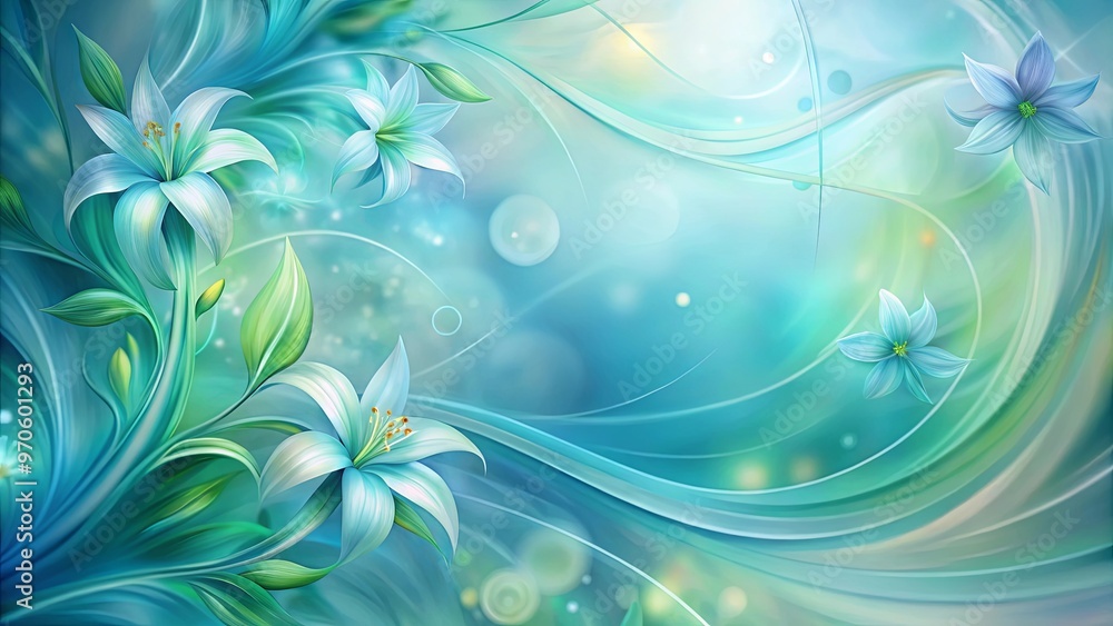 Wall mural abstract soft gradient background with swirling lily shapes in blues and greens