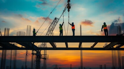 Construction Workers Silhouette at Sunset on a Building Site