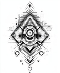 Obraz premium Abstract geometric design with a central circle, surrounded by geometric shapes, lines, and dots.