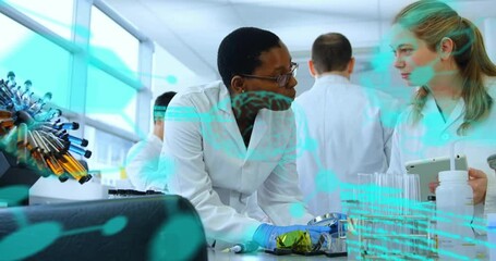 Animation of chemical formula and data processing over diverse scientists doing experiments - Powered by Adobe