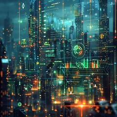 Obraz premium The image depicts a futuristic landscape with a glowing mountain surrounded by a digital grid. The scene features vibrant lights and geometric patterns, suggesting a blend of nature and technology