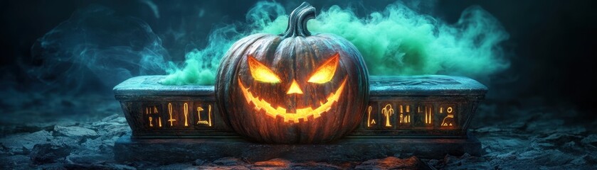 Naklejka premium An ancient Egyptian sarcophagus with a carved pumpkin face, eerie green smoke escaping, glowing hieroglyphics, fantasy illustration, dark theme, copy space for text