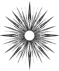 Obraz premium A black and white abstract starburst design with a circular center and radiating lines with dots and circles.