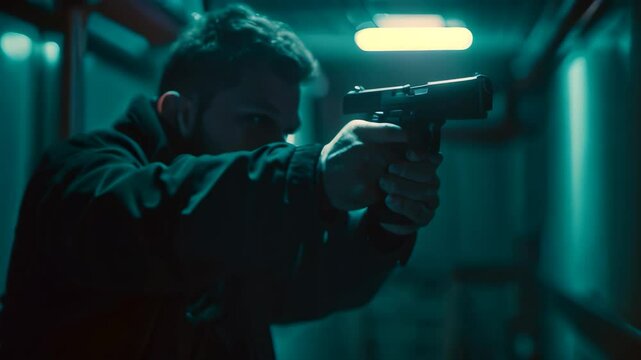 A man holding a gun in a shooters stance, dimly lit industrial setting, A shooter's stance captured mid-shot