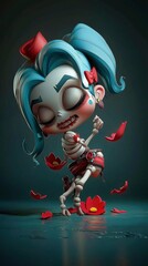 3D Render of a Cute Skeleton Girl Dancing with Red Flowers