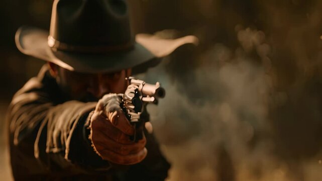 A close-up shot of a cowboy firing a revolver in a western setting with a blurred sunset background, A shooter's stance captured mid-shot