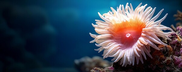 A vibrant sea anemone with delicate tentacles flourishing in clear blue water, showcasing stunning ocean life.