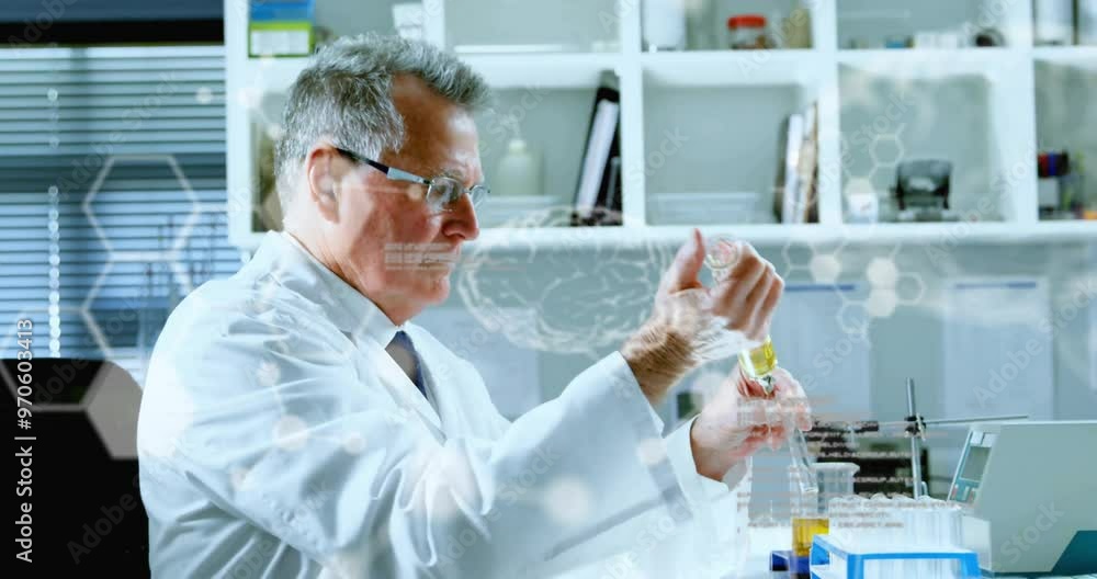 Poster animation of chemical formula and data processing over caucasian male scientist doing experiment