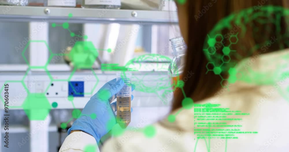 Poster animation of chemical formula and data processing over caucasian female scientist doing experiment