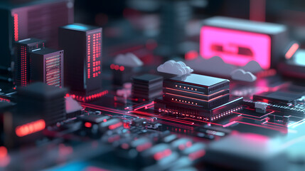 Data Center Server Cluster with Cloud Computing and Neon Lights