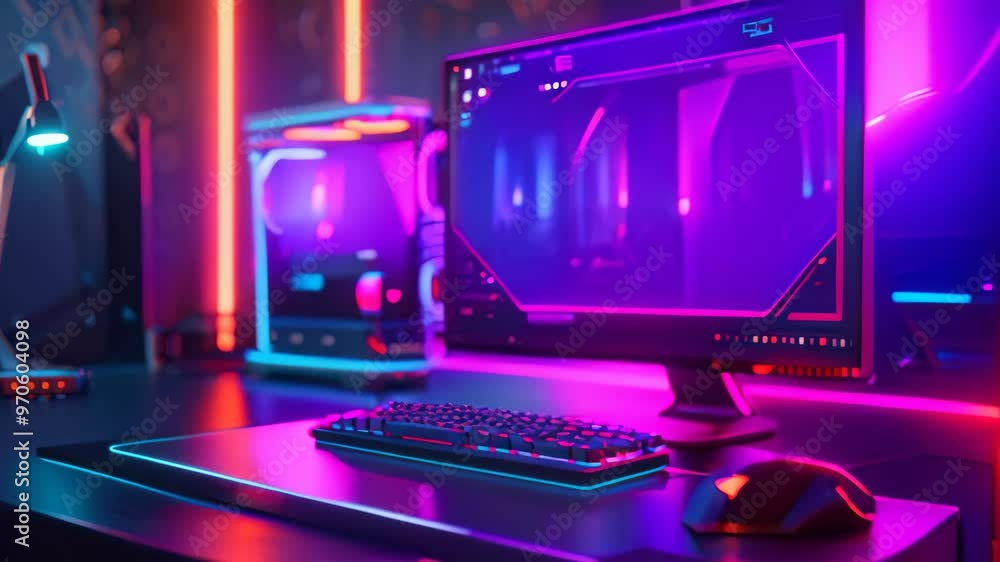 Poster a futuristic computer setup with glowing lights, a sleek and futuristic computer with glowing lights