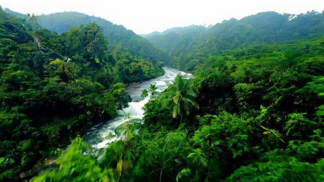 Fly-through FPV video over a vast rainforest with lush vegetation. Monkeys chattering in the trees, a river winding through the jungle