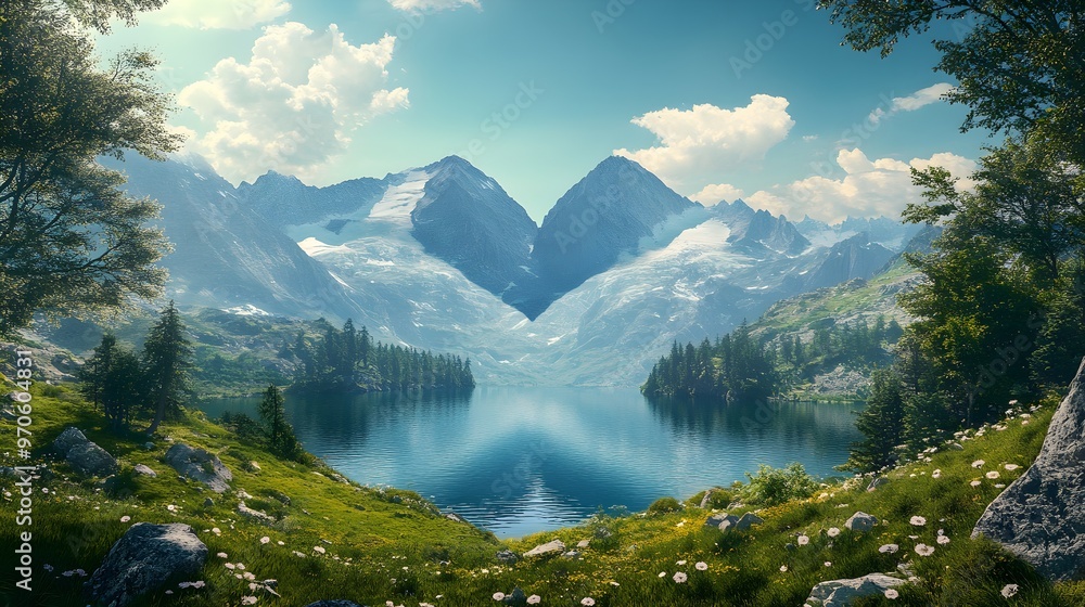 Sticker Heart shaped view with mountains and lake image