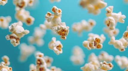 Close&nbsp;-&nbsp;up of many popcorn kernels floating against turquoise background,&nbsp;cinematic food concept