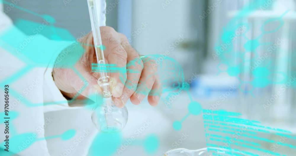 Poster animation of chemical formula and data processing over caucasian male scientist doing experiment