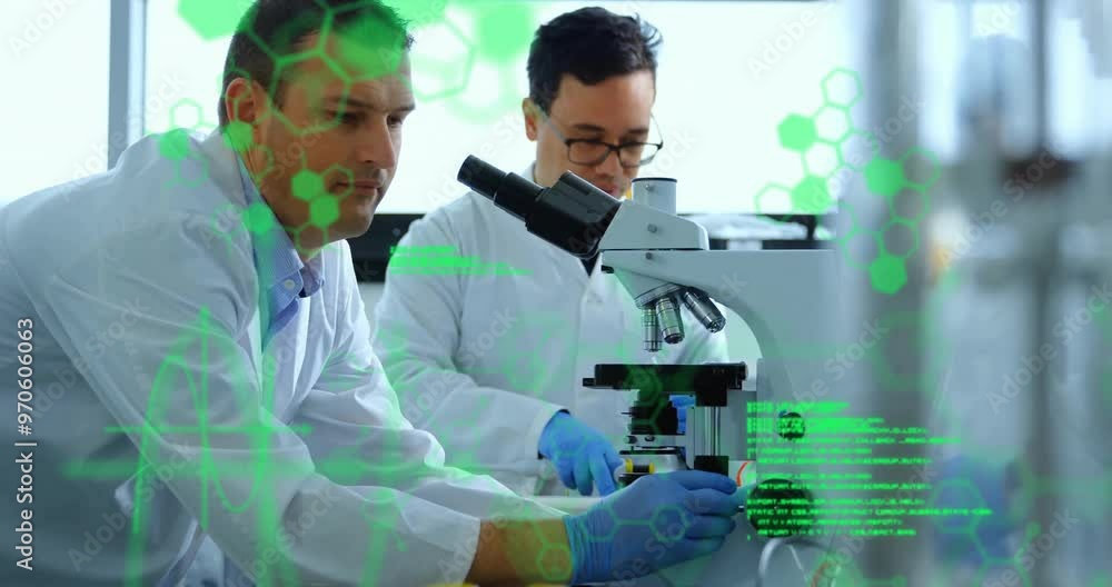 Aufkleber animation of chemical formula and data processing over diverse scientists using microscope in lab
