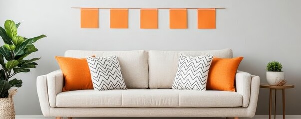 A cozy living room with leukemia awareness decorations, like orange banners and pillows, living room, banners, awareness