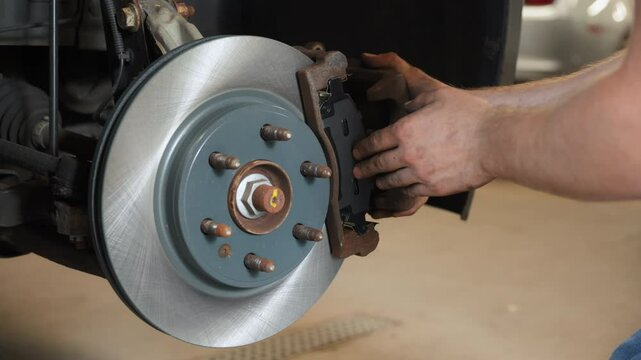 Close up shot footage of Auto mechanic installing new brake discs on a vehicle