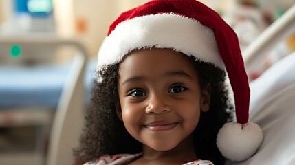 happy little african american girl wearing Santa hat receiving her gift while she is in hospital