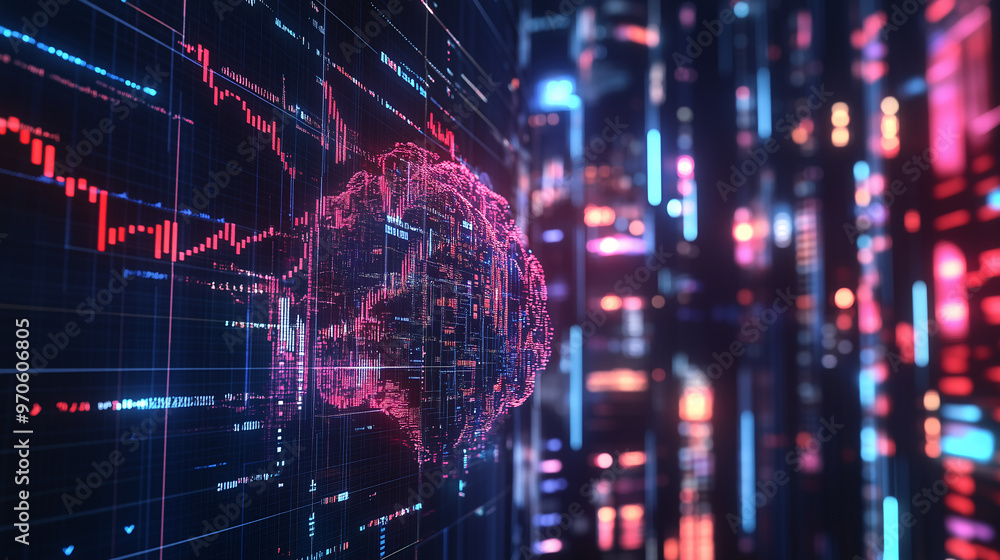 Poster a digital brain composed of stock market data, representing the intelligence of trading algorithms