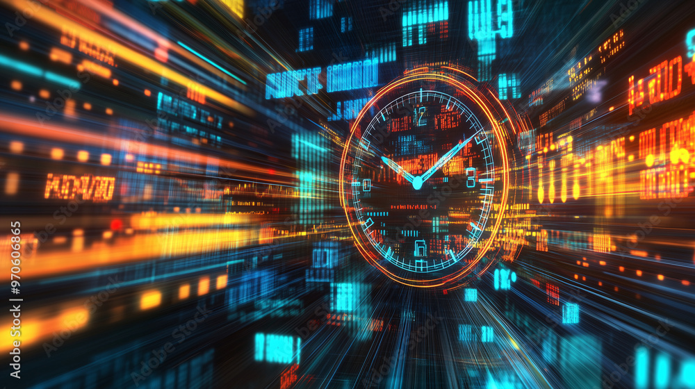 Poster a digital clock tower with stock symbols instead of numbers, set against a background of fast-moving