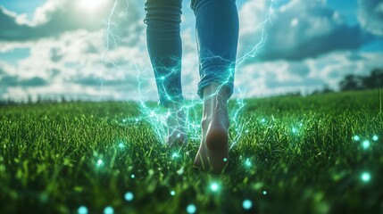 Earthing Grounding Energy Walking on Green Grass Barefoot