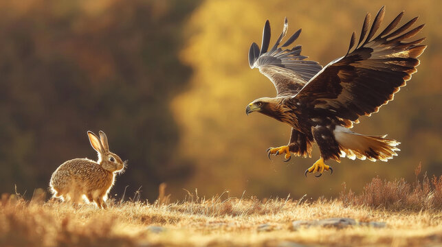 A powerful image shows a golden eagle swooping down to catch a rabbit.