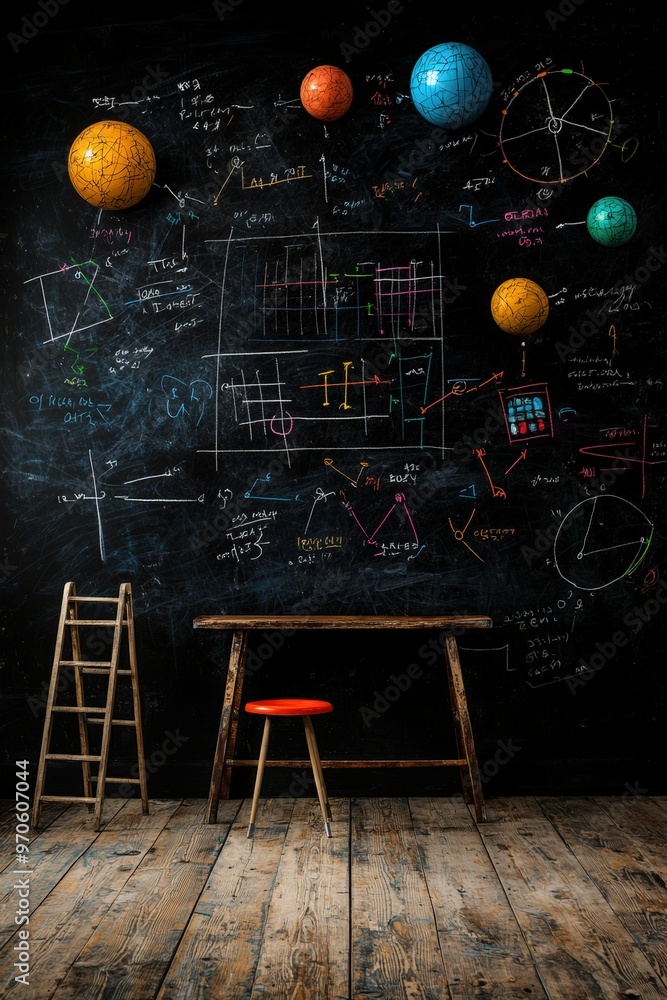 Poster a blackboard covered with handwritten examples of matrix operations