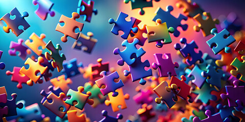 Colorful Puzzle Pieces Dancing: A vibrant and abstract image of colorful puzzle pieces swirling and falling in mid-air, creating a dynamic and playful visual metaphor for problem-solving, creativity, 