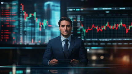 Fototapeta premium A financial news anchor delivering a breaking news report with dynamic stock market charts behind them