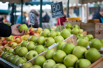 Hand holds green apple at organic market stall, sign labeled Bio partially visible