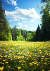 Obraz premium 4️⃣ Beautiful summer forest meadow with yellow and blue flowers, a blue sky with clouds, and green trees in the background on a bright, sunny day. Detailed photography. --ar 45:64 