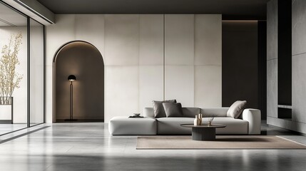 A modern and spacious living room with a minimalist design.	