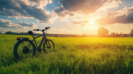 Electric bike parked near a green field, symbolizing eco-friendly transportation options. Copy space.
