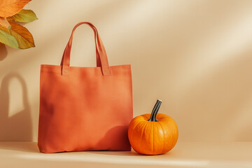 Orange cotton shopper bag mockup near a pumpkin, beige background